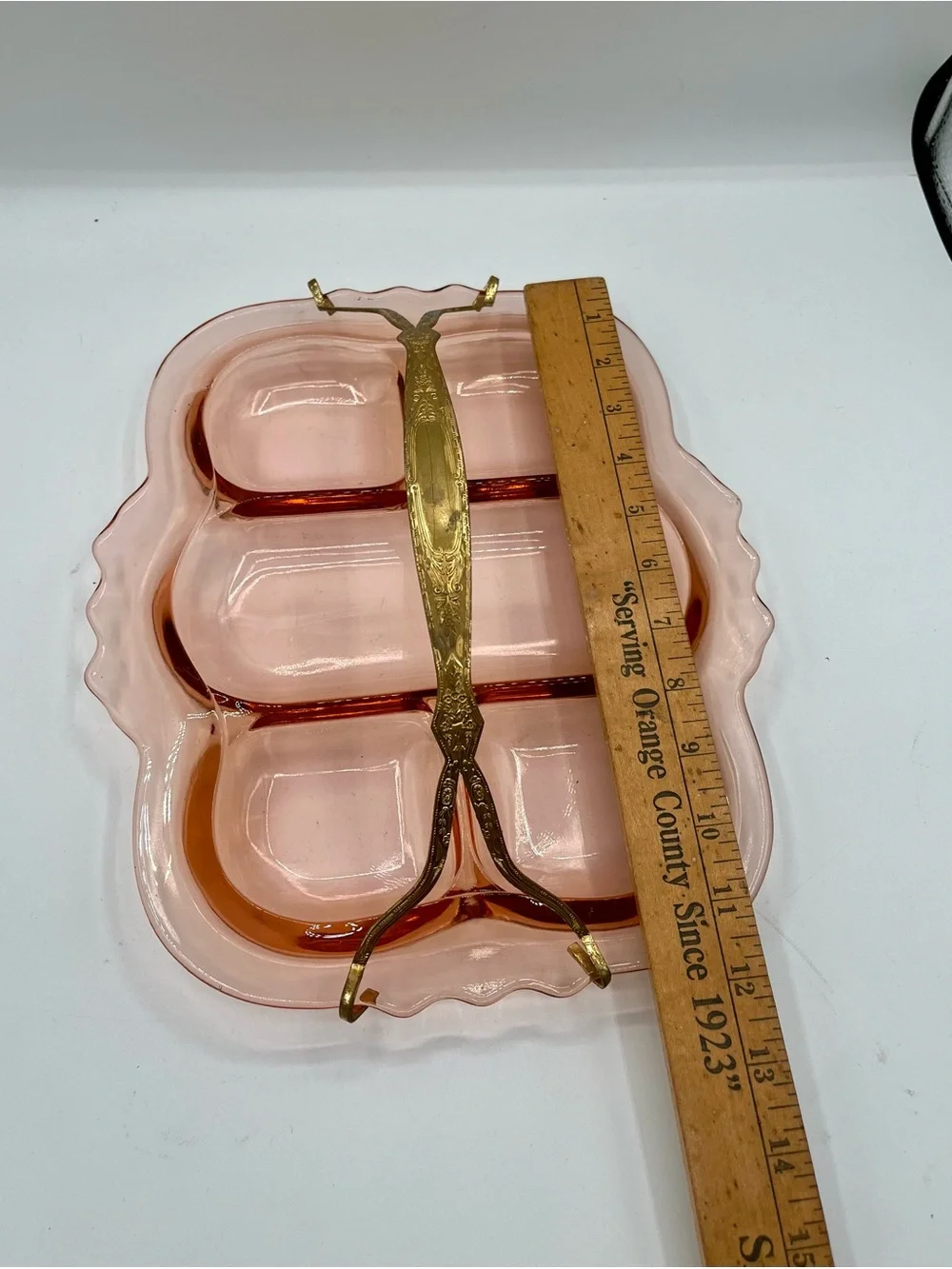 Vintage Pink Glass Divided Serving Tray with Handle from